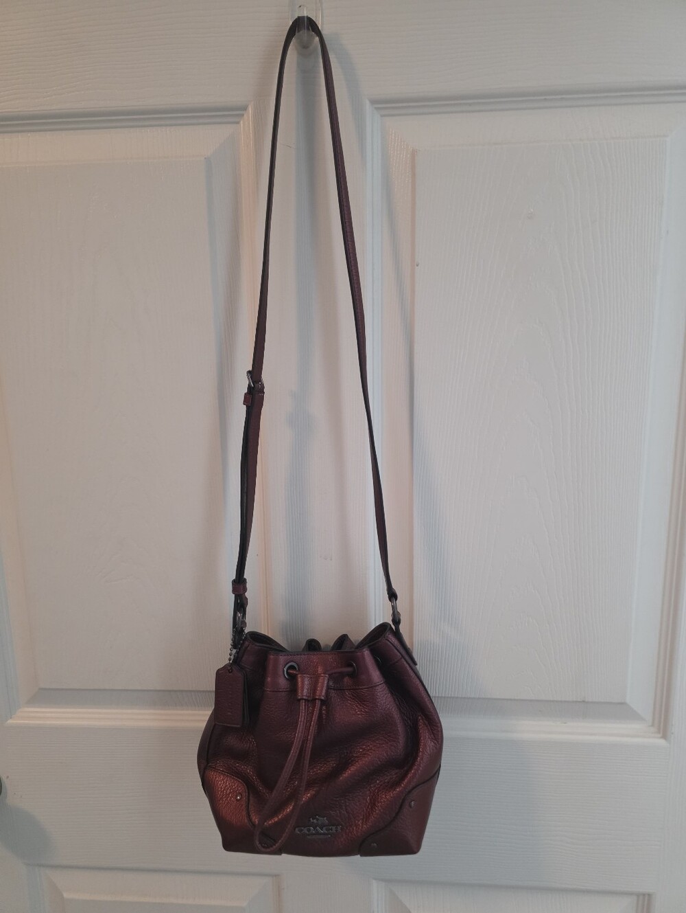 Coach "Baby Mickie" Metallic Garnet Red Drawstring  Bucket Bag - Picture 2 of 10